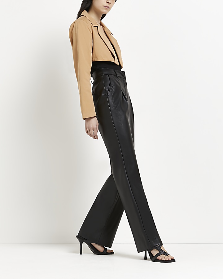 Black faux leather wide leg pleated trousers