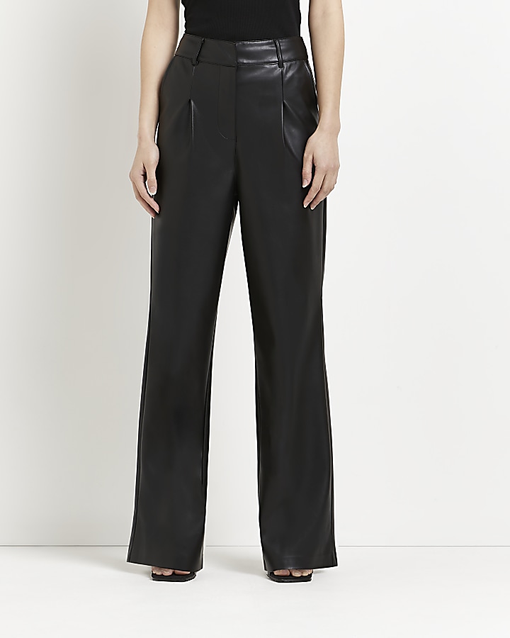 Black faux leather wide leg pleated trousers