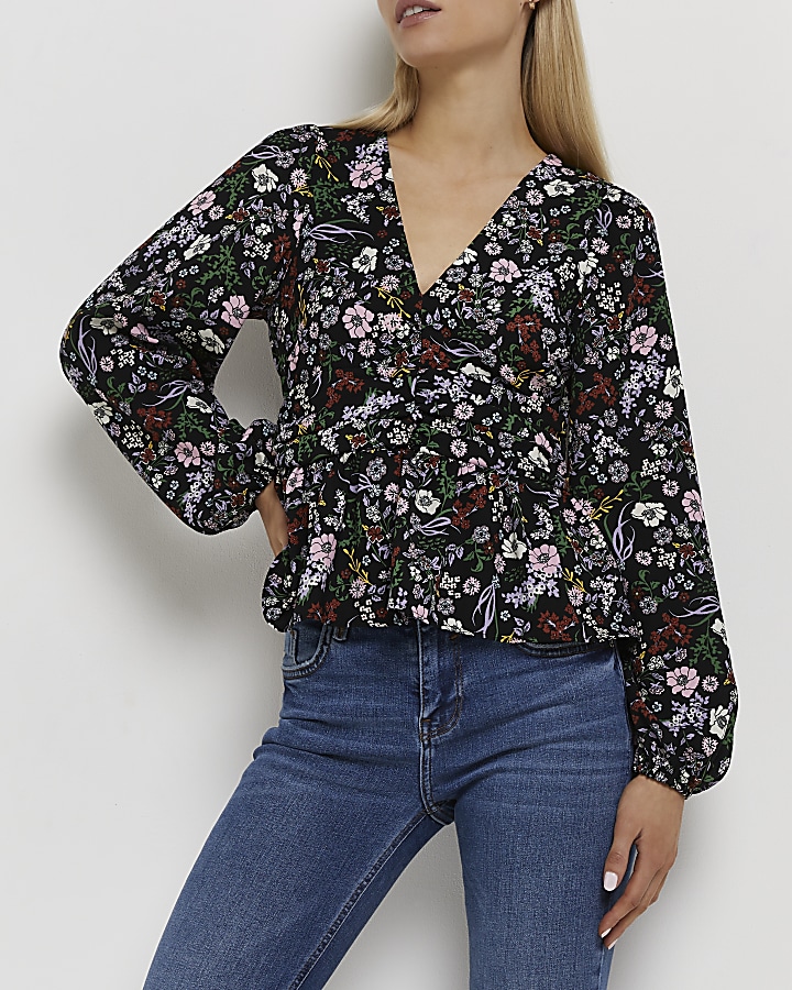 Petite black floral peplum top