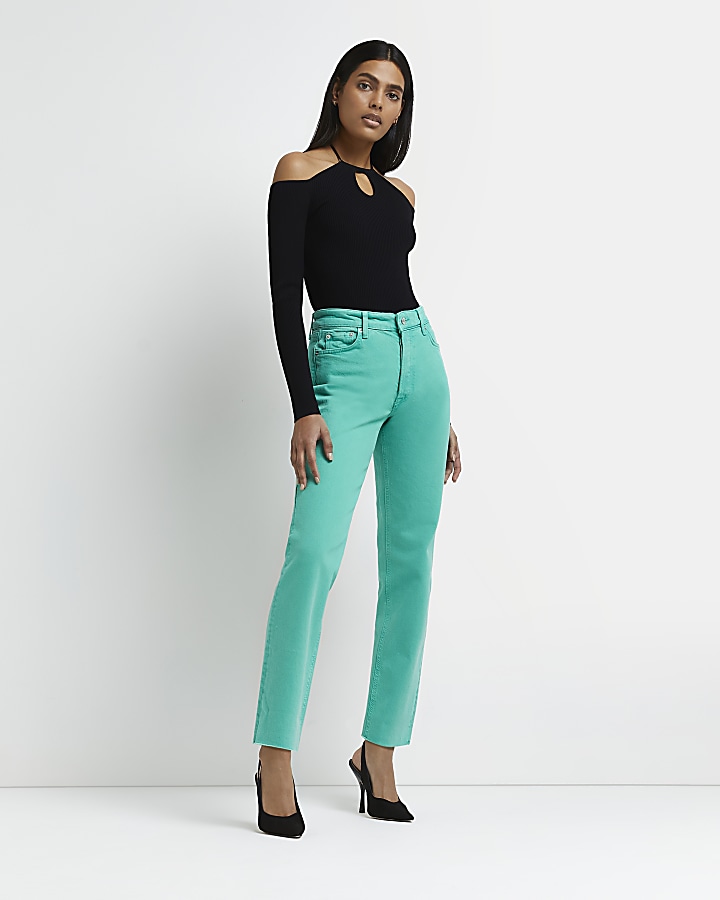 Green high waisted straight leg jeans