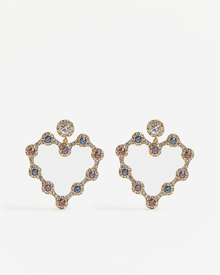 Gold stone embellished heart drop earrings