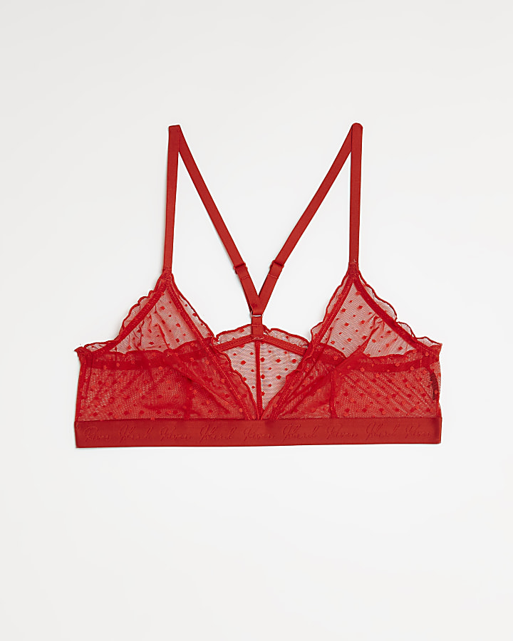 Red heart print mesh triangle bra