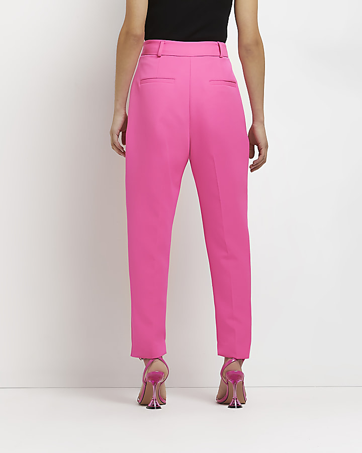 Petite pink pleated tapered trousers