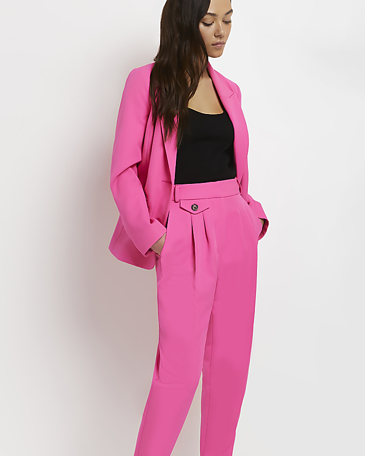 Petite pink pleated tapered trousers
