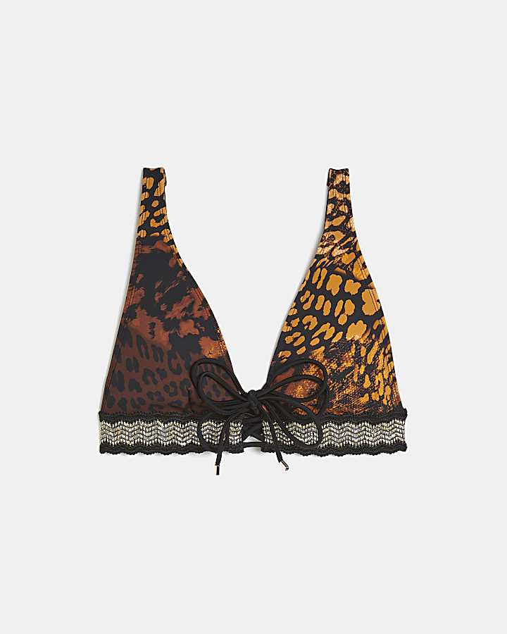 Brown animal print triangle bikini top