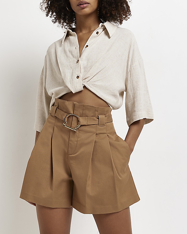 Brown belted paper bag shorts