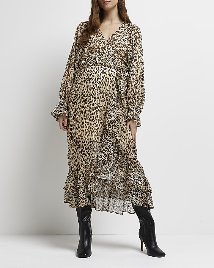 Beige leopard print maternity wrap maxi dress