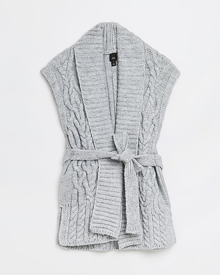 Grey cable knit sleeveless cardigan