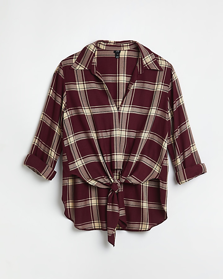 Red checked knot front shirt