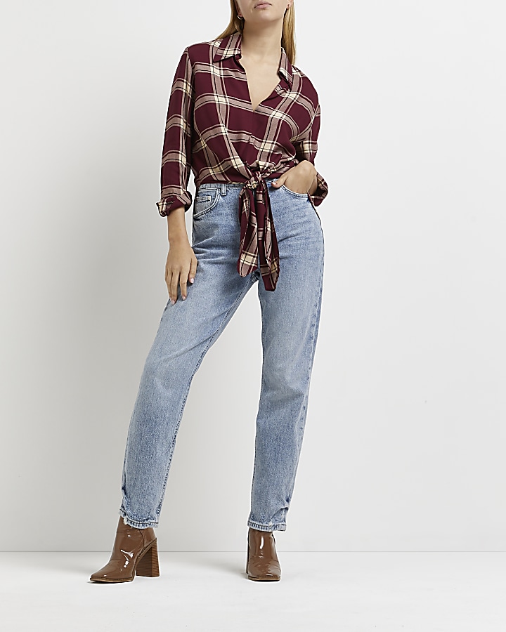 Red checked knot front shirt