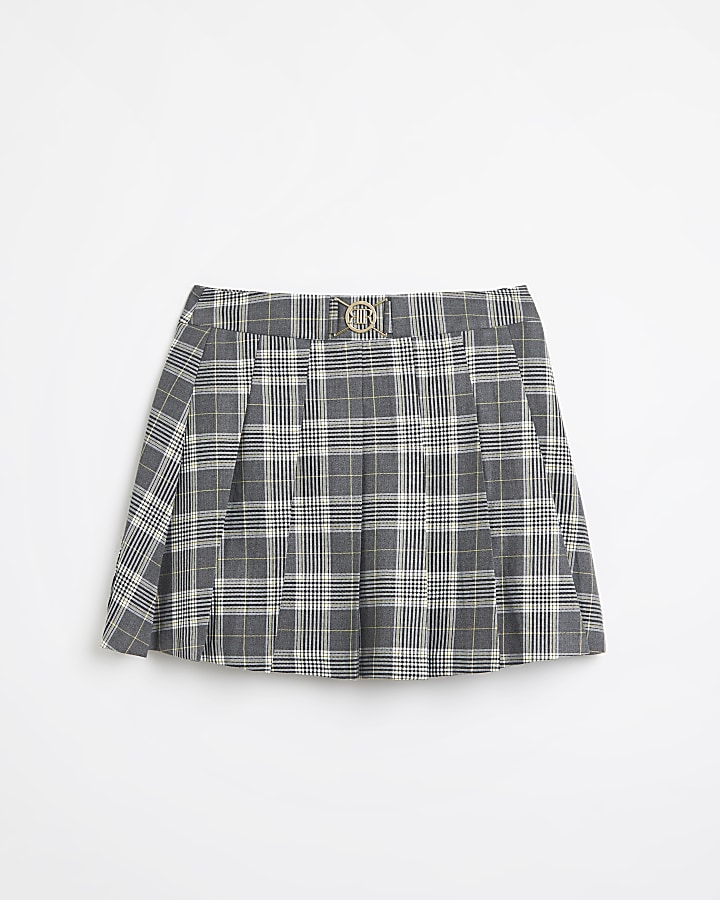 Petite grey checked pleated mini skirt