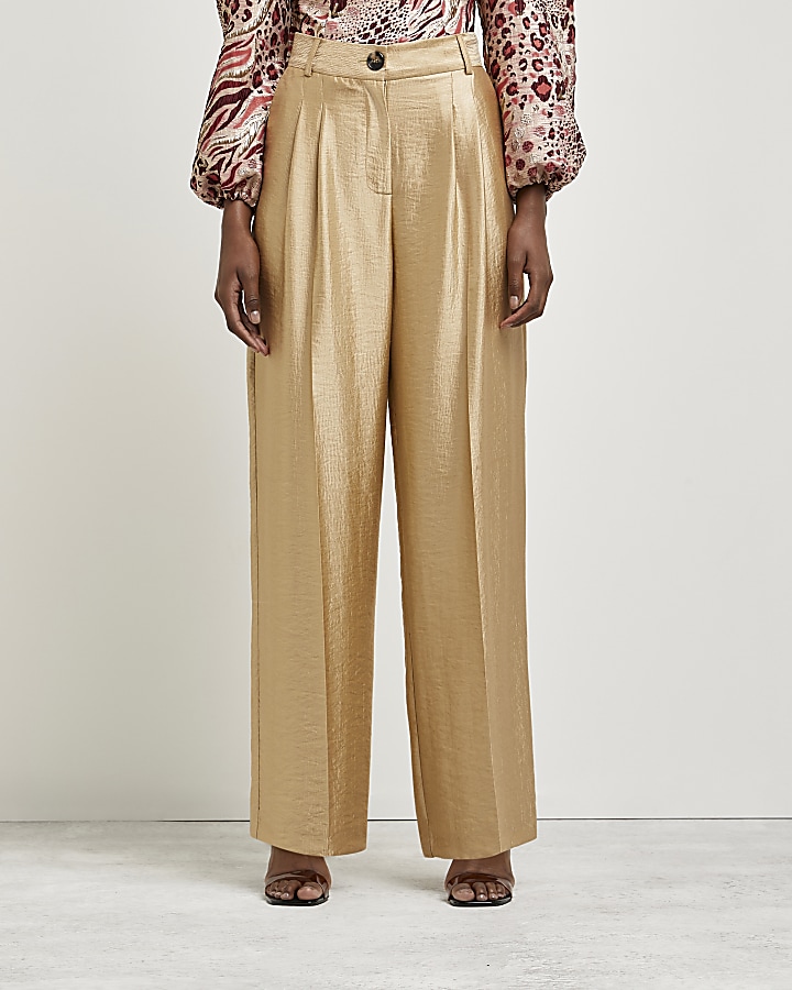 Gold pleated wide leg trousers