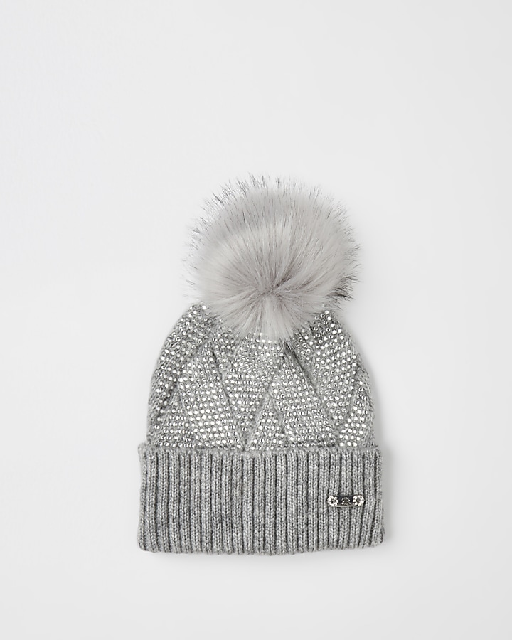Grey diamante cable knit beanie hat