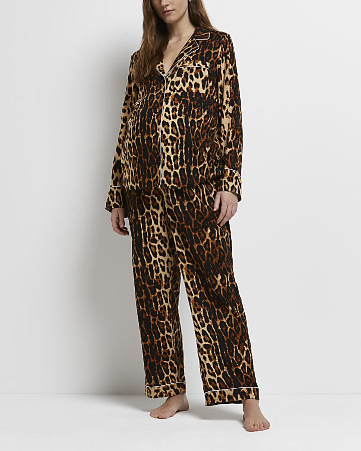 Brown leopard print maternity pyjama trousers | River Island