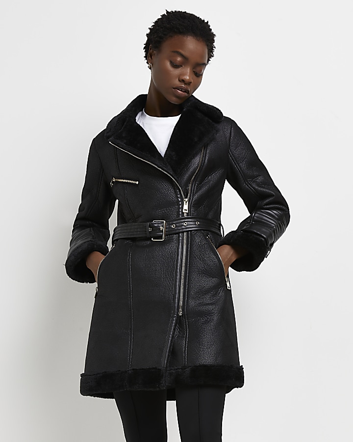 Black longline belted aviator coat