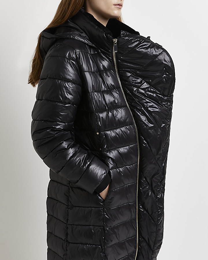 Maternity Black Faux Fur Hood Belted Puffer Coat