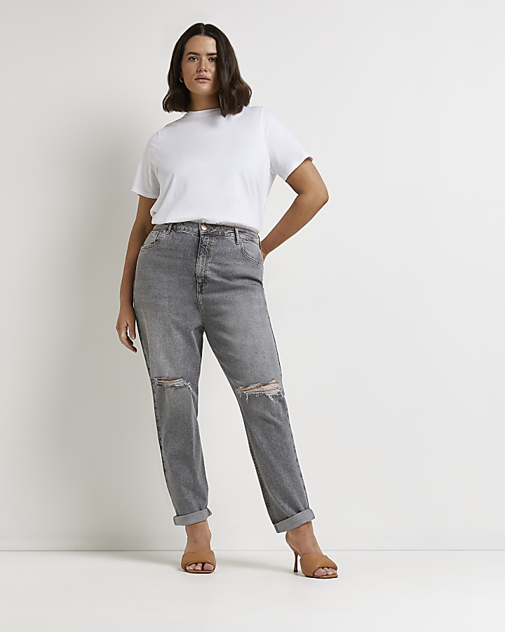 Plus grey ripped high waisted mom jeans