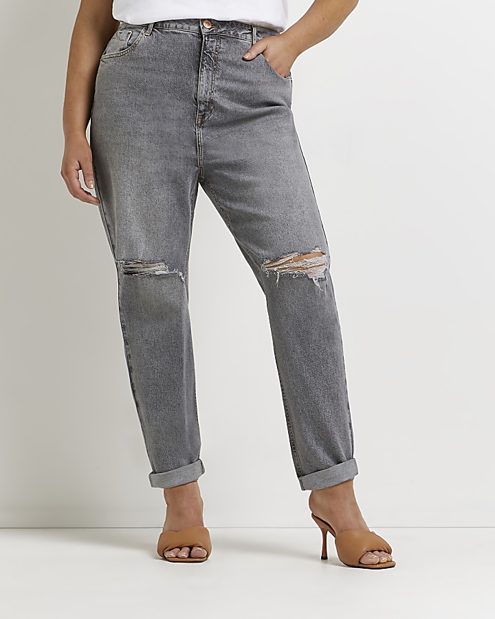 Plus grey ripped high waisted mom jeans