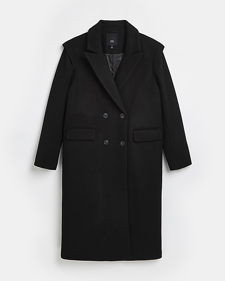 Black padded shoulder longline coat