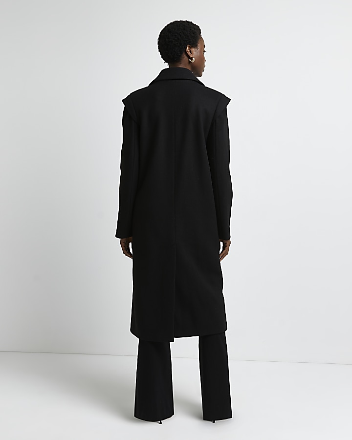 Black padded shoulder longline coat