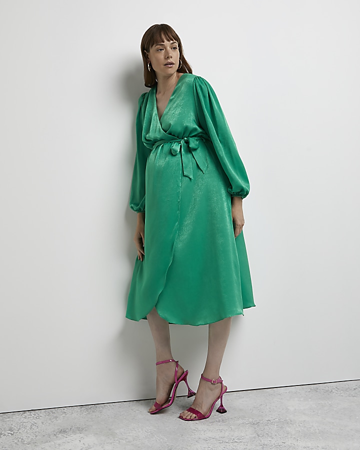 Green satin maternity wrap midi dress