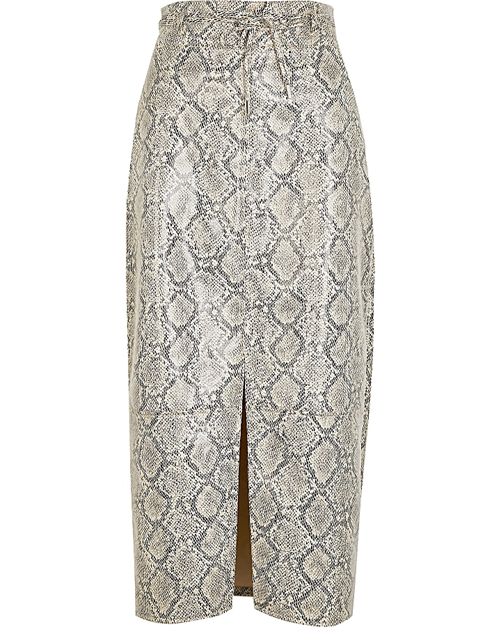 Grey faux leather snake print midi skirt