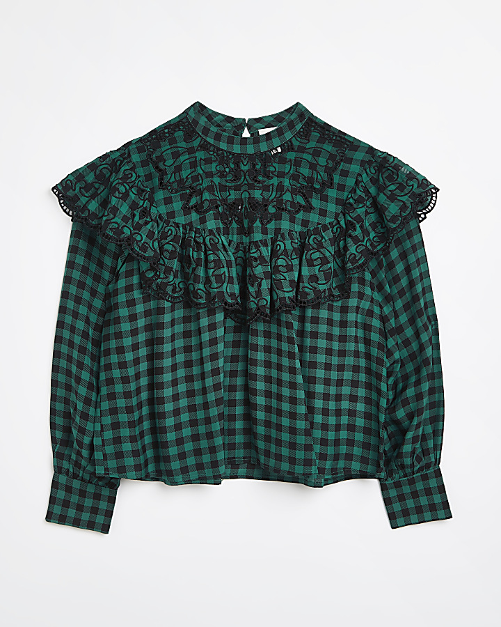 Petite green check Victoriana ruffled blouse