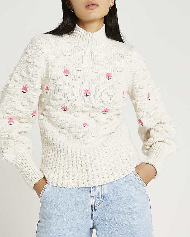 Cream embroidered chunky knit jumper