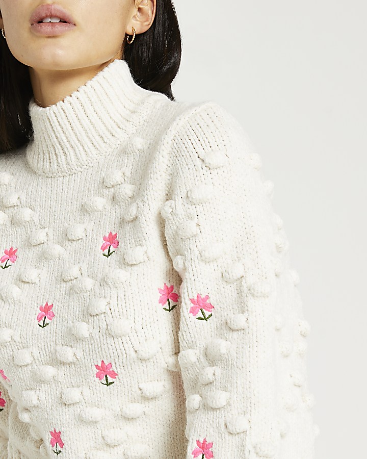 Cream embroidered chunky knit jumper
