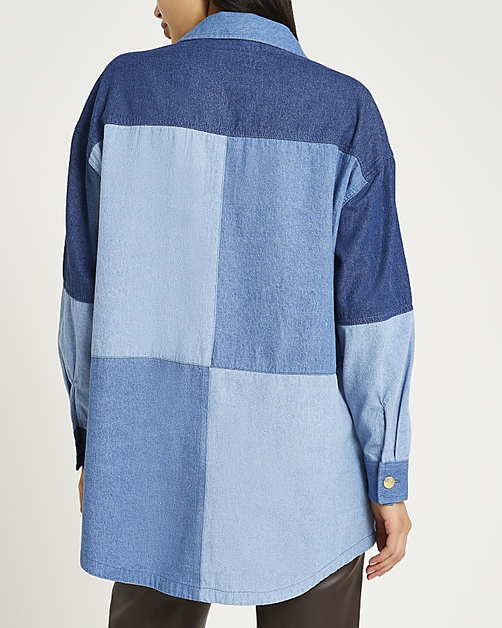 Blue patchwork denim oversized shirt