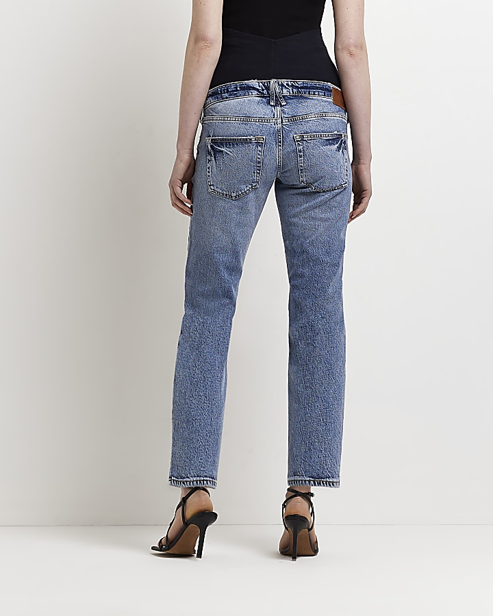 Blue denim low rise straight jeans | River Island