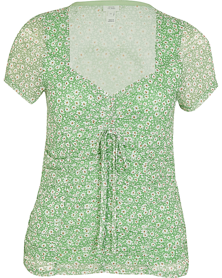 Green floral tie front top
