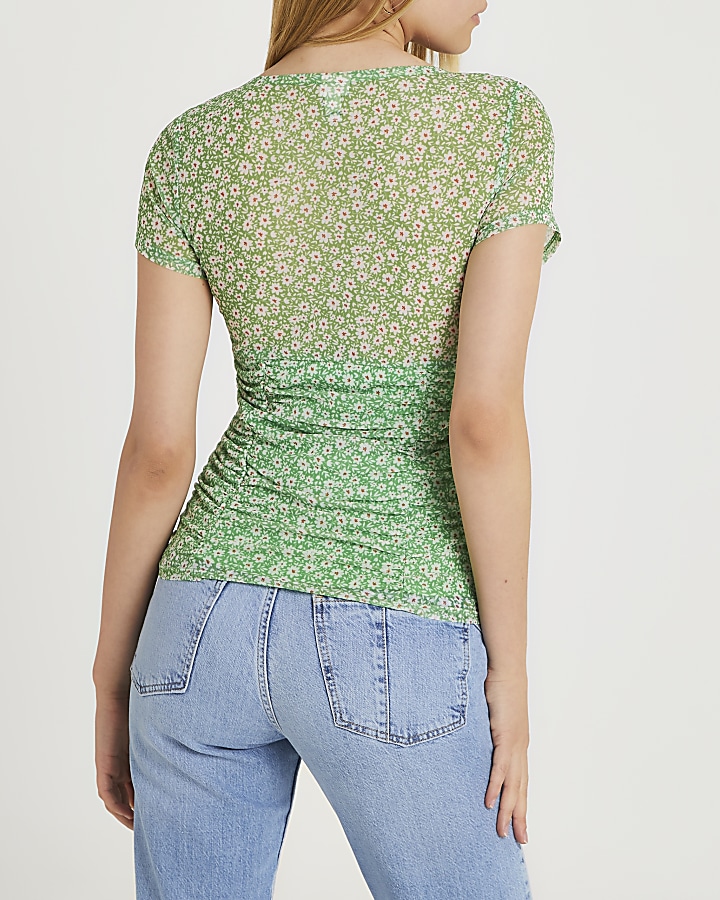 Green floral tie front top