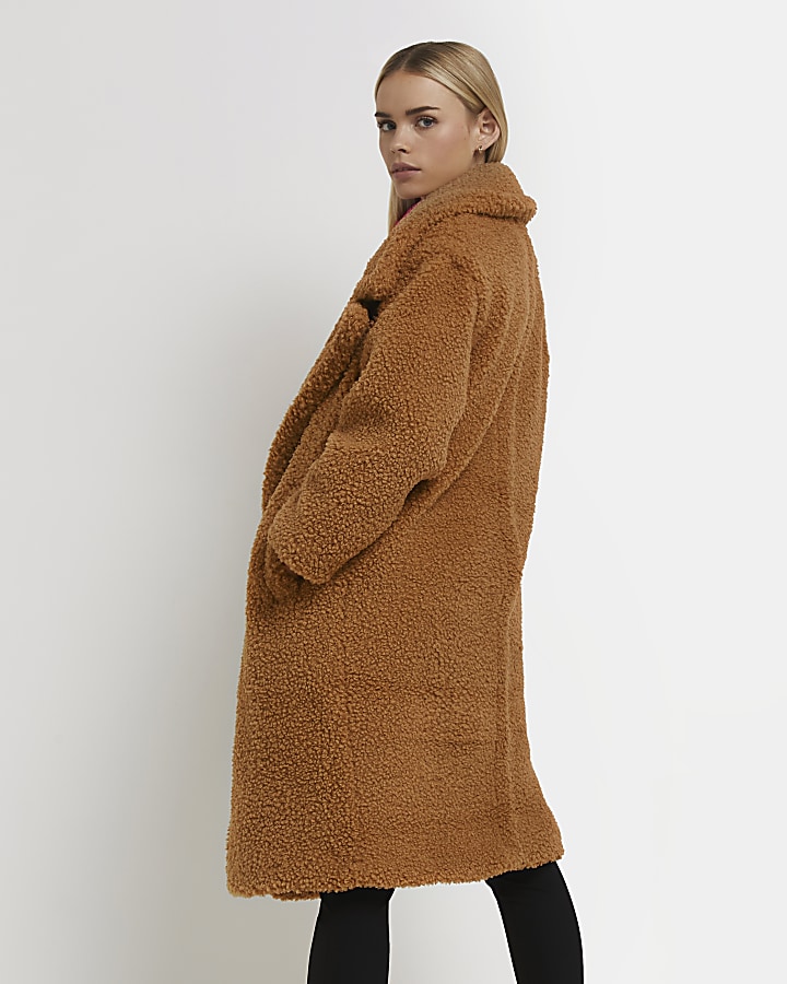 Petite brown borg oversized coat