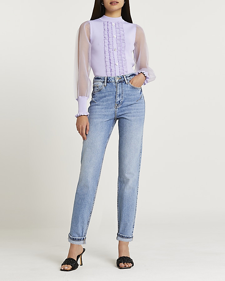 Purple frill detail puff sleeve top