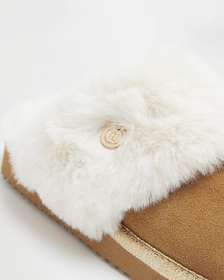 Brown faux fur lined suede slippers