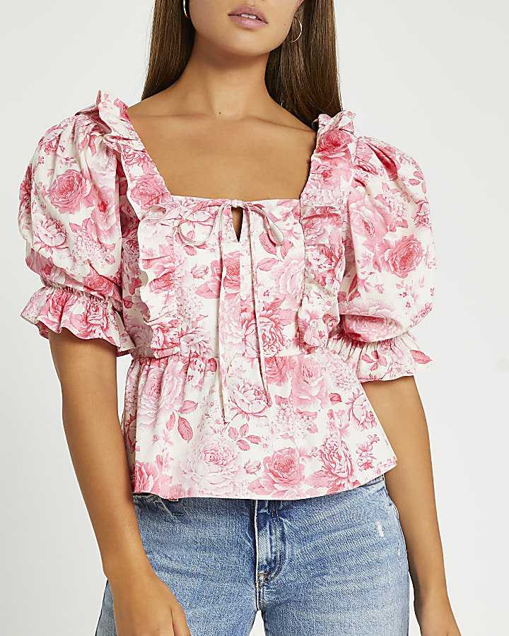 Pink floral frill detail puff sleeve top