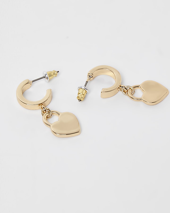 Gold heart pendant drop earrings