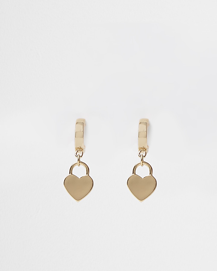 Gold heart pendant drop earrings