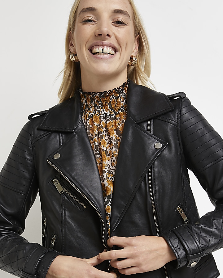 River island black deals leather quilted biker jacket