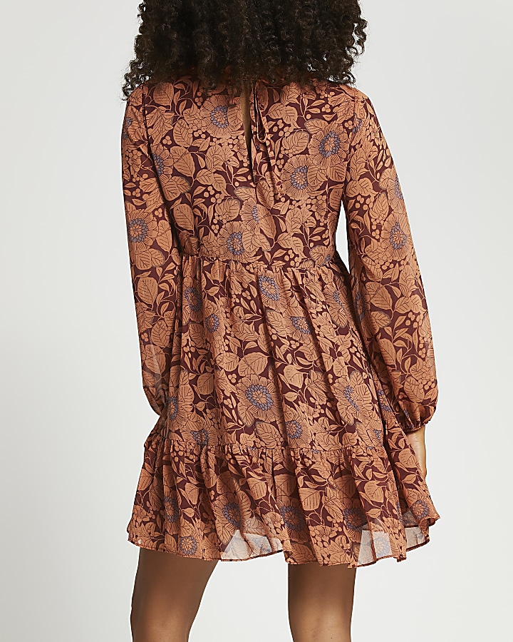 Rust floral ruffle smock mini dress