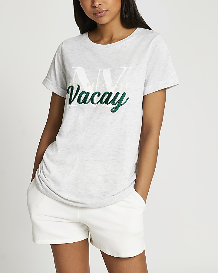 Grey short sleeve 'Vacay' embroidered t-shirt