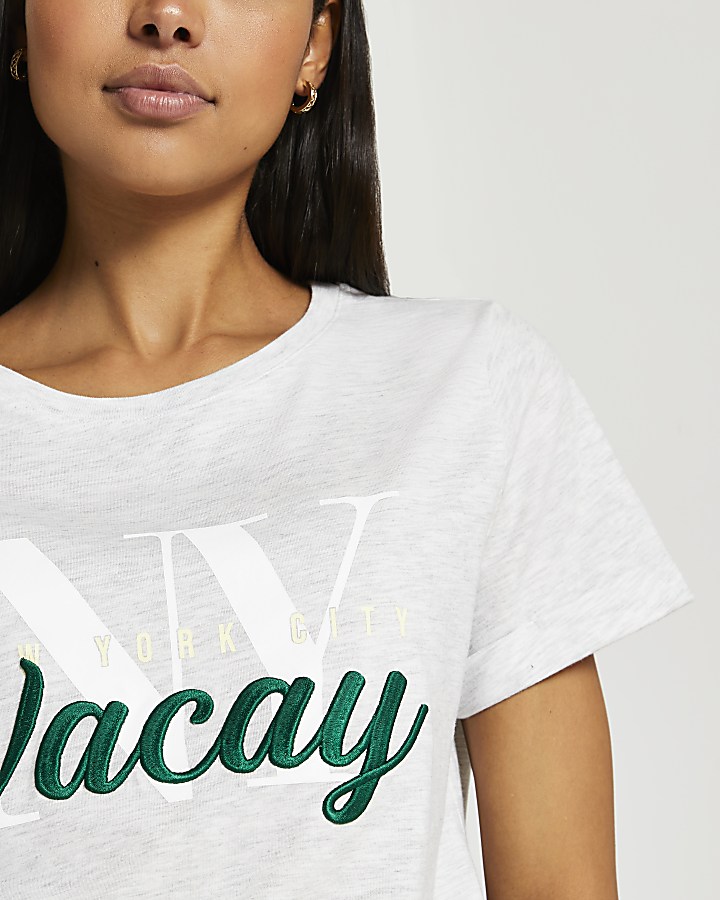 Grey short sleeve 'Vacay' embroidered t-shirt