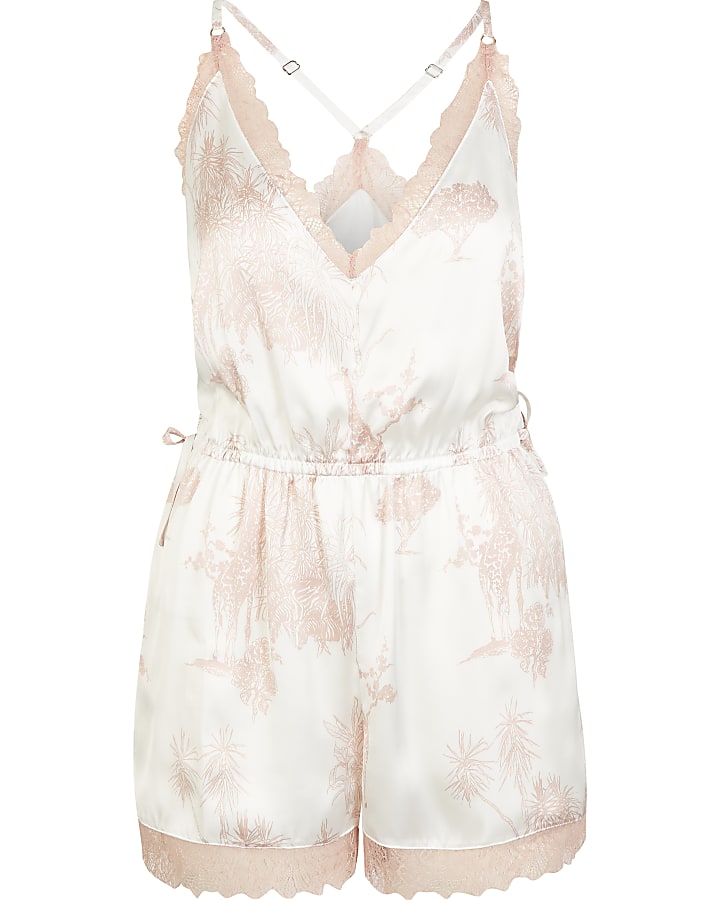 Pink printed satin and lace playsuit