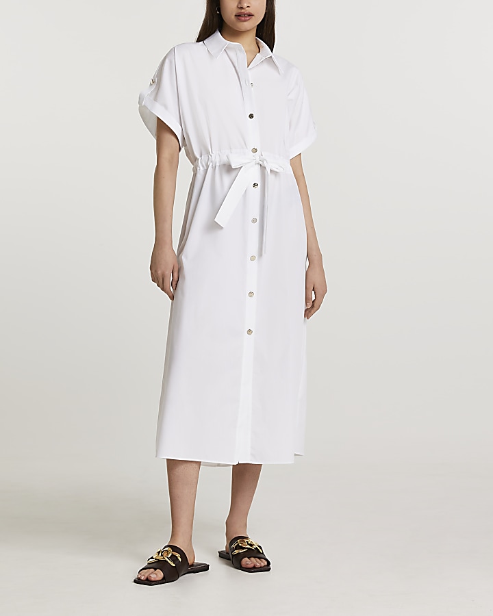 White short sleeve midi shirt dress