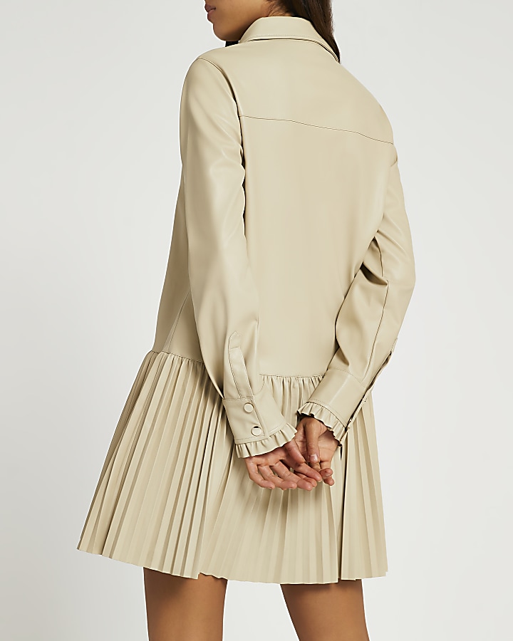 Beige faux leather pleated mini shirt dress