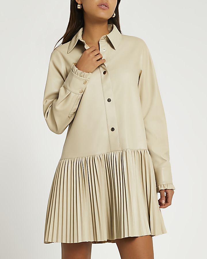 Beige faux leather pleated mini shirt dress | River Island