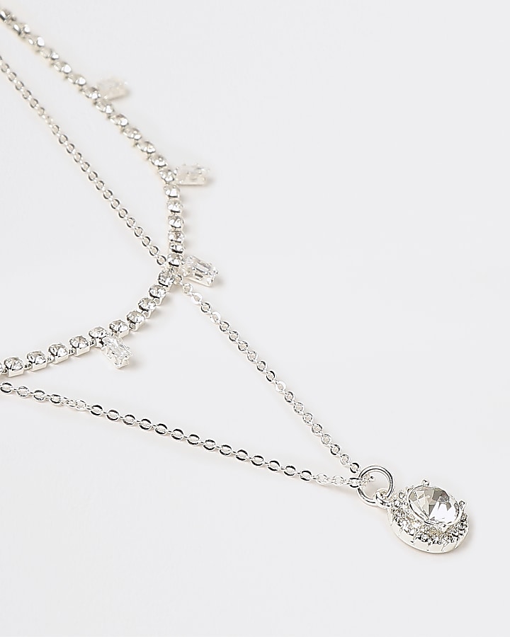 Silver crystal multirow necklace