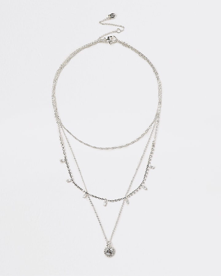 Silver crystal multirow necklace