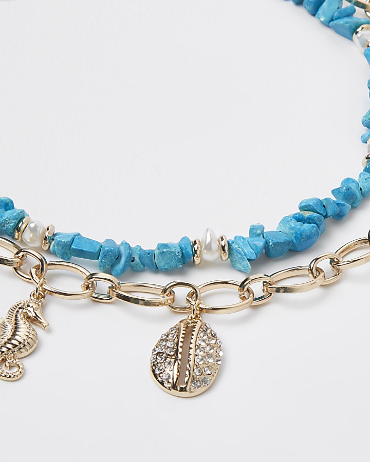 Turquoise & gold shell charm necklace